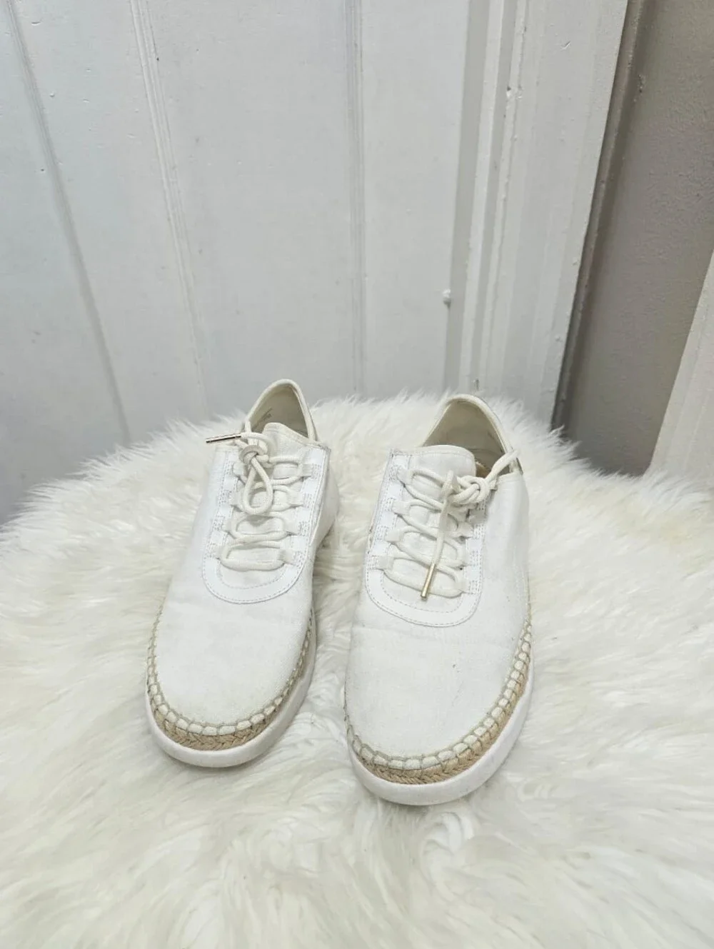 Michael Kors Finch Lace Up Canvas Sneakers White & Rose Gold Espadrille Sz 8M